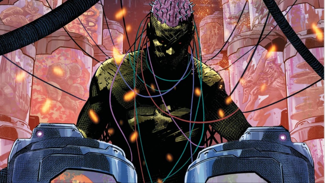 Brainiac in the shadows, surrounded by bottles full of cities and aliens