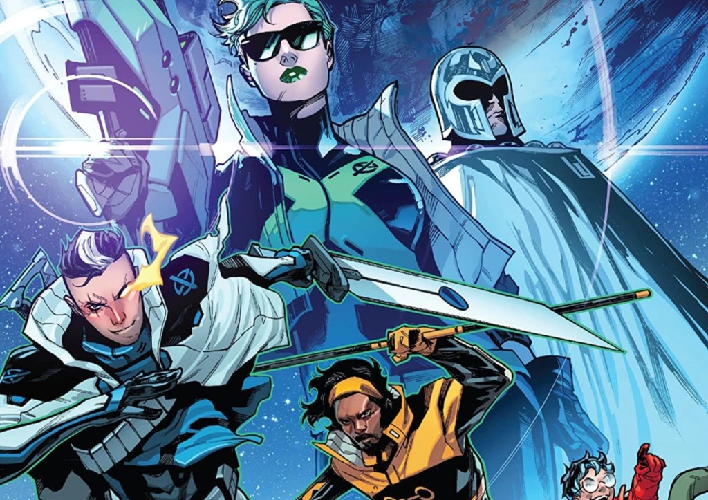 Abigail Brand and Magneto standing over young Cable and Manifold