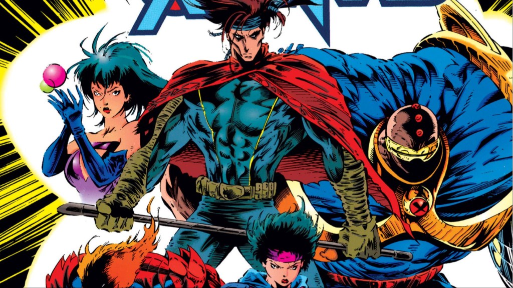 Gambit, Lila Cheney, Strong Guy, and Jubilee standing together in front of an open portal