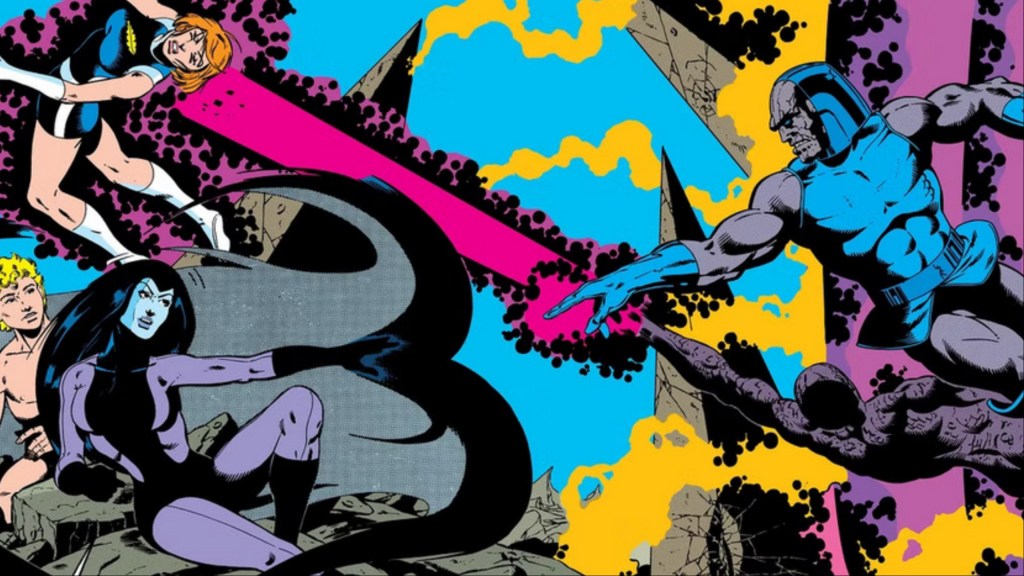 Darkseid attacking the Legion of Superheroes in a piece of art based on the Sistine Chapel from The Great Darkness Saga