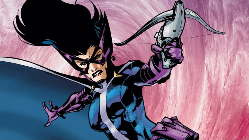 Huntress jumping in front of a swirling pink void, aiming her crossbow