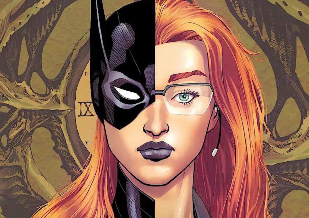 Barbara Gordon, with half of her wearing her Batgirl costume and the other half in her civilian guise