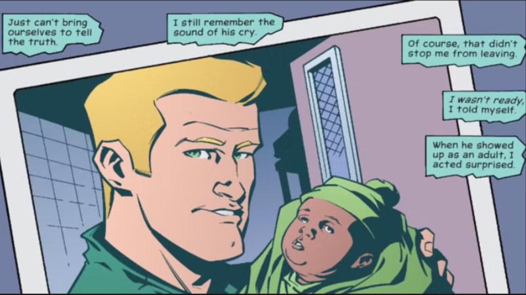 Oliver Quen holding baby Connor Hawke in a photograph