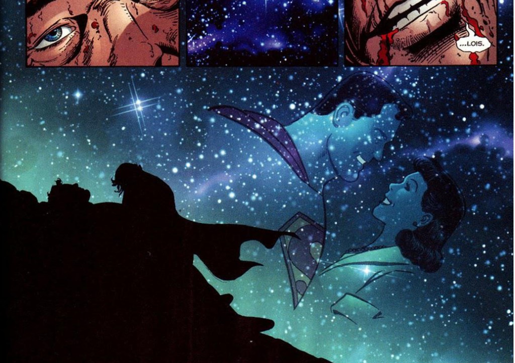The death of Earth-Two Superman, with Power Girl holding the hero as an image of Earth-Two Superman and Lois Lane appears in the stars