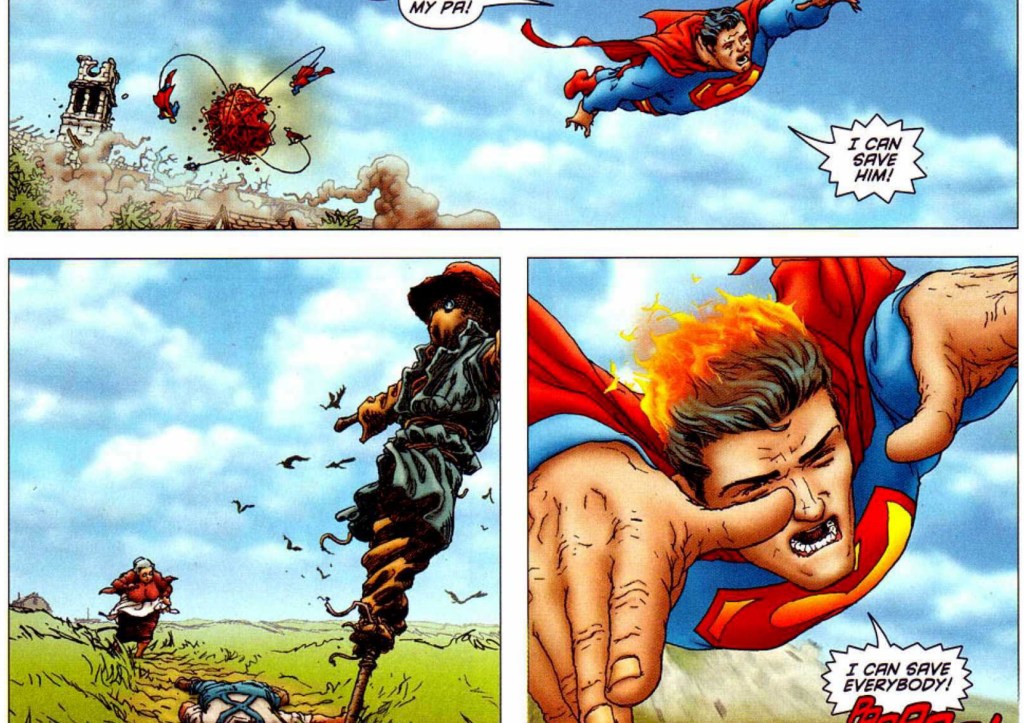 Superman flying away from the Chronovore to try to save Pa Kent, who's had a heart attack