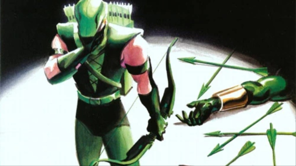 Green Arrow looking down in sadness, with Connor Hawke's arm and arrows strewn about the floor