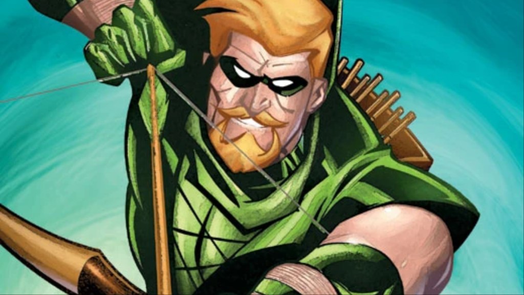 Green Arrow running forward pulling an arrow back