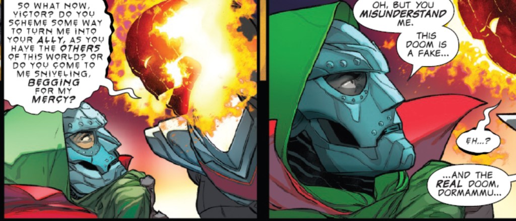Doctor Doom and Dormammu talking about their fight in One World Under Doom #4