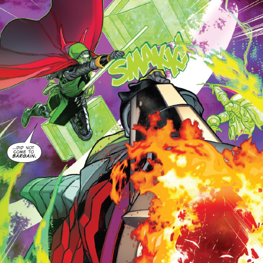 Doom smashing Dormammy with a gree energy hammer, telling him he didn't come here to bargain