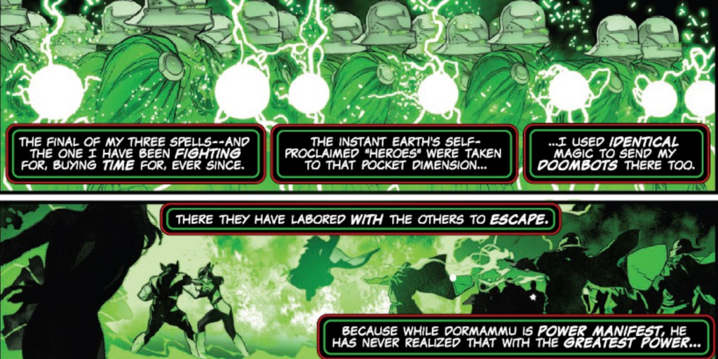 An army of Doombots bringing the heroes back to Earth during Doctor Doom and Dormammu's fight
