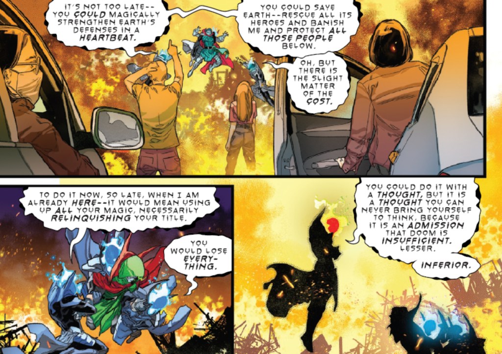 Dormammu talking down to Doom about how Doom could defeat him in ONe World Under Doom #4
