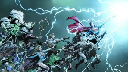 The heroes of the DC Universe reaching towards a glowing white hand
