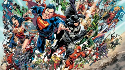 The heroes of the DC Universe flying toward the viewer in a promo for DC Rebirth