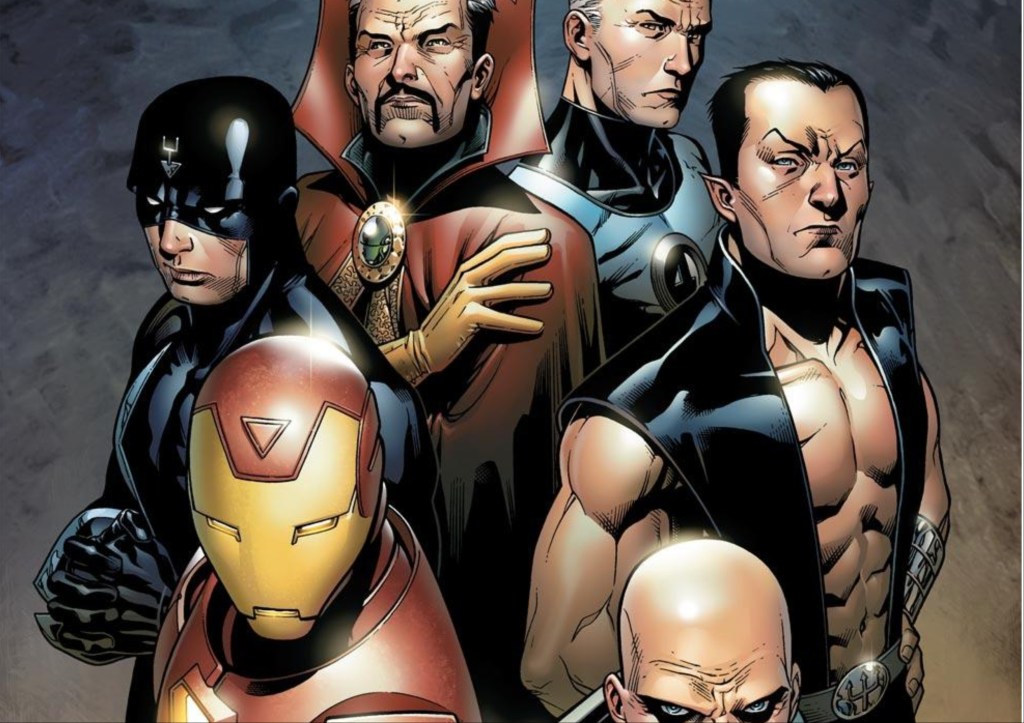 Iron Man, Black Bolt, Doctor Strange, Mister Fantastic, Namor, and Professor X standing together