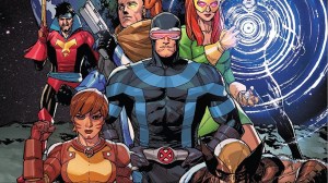 Cyclops, Wolverine, Prestige, Corsair, Cable, and Jean Grey, with Havok in the background, standing n the moon.