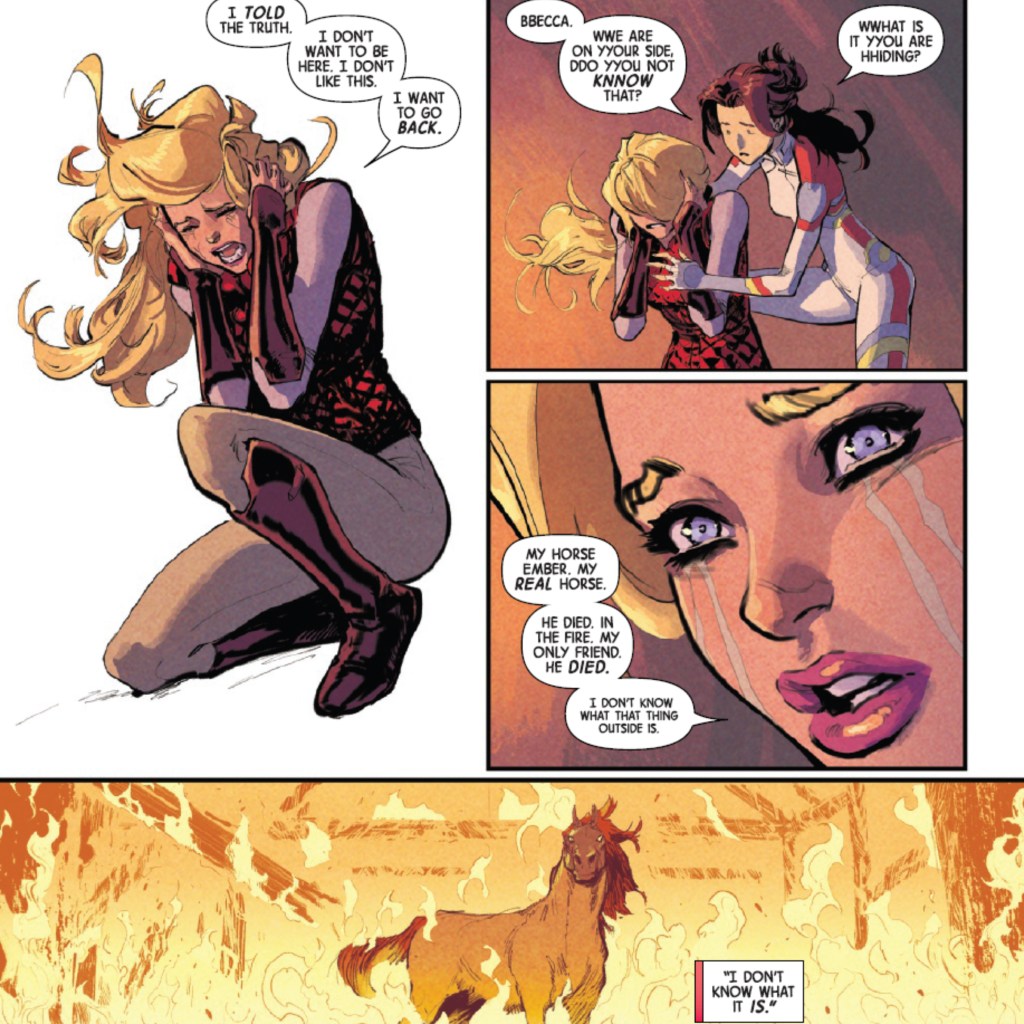 Jitter comforts Calico as she tells the X-Men the truth about her and Ember
