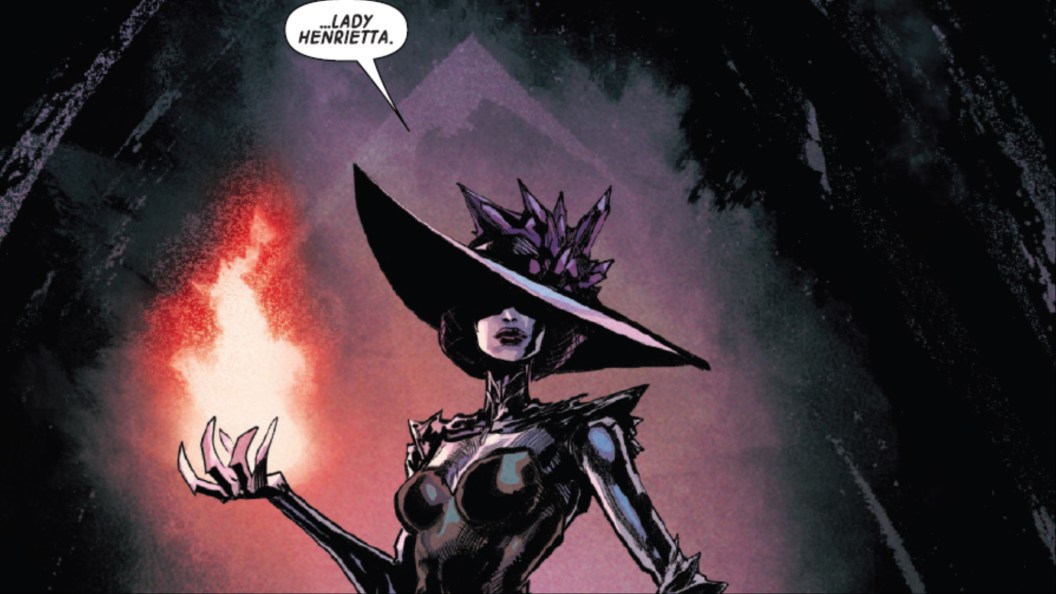 Lady Henrietta with an arm outstretched and wreathed in energy