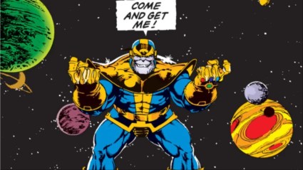 Thanos gestruring toward everyone, telling them to come get him, floating in space