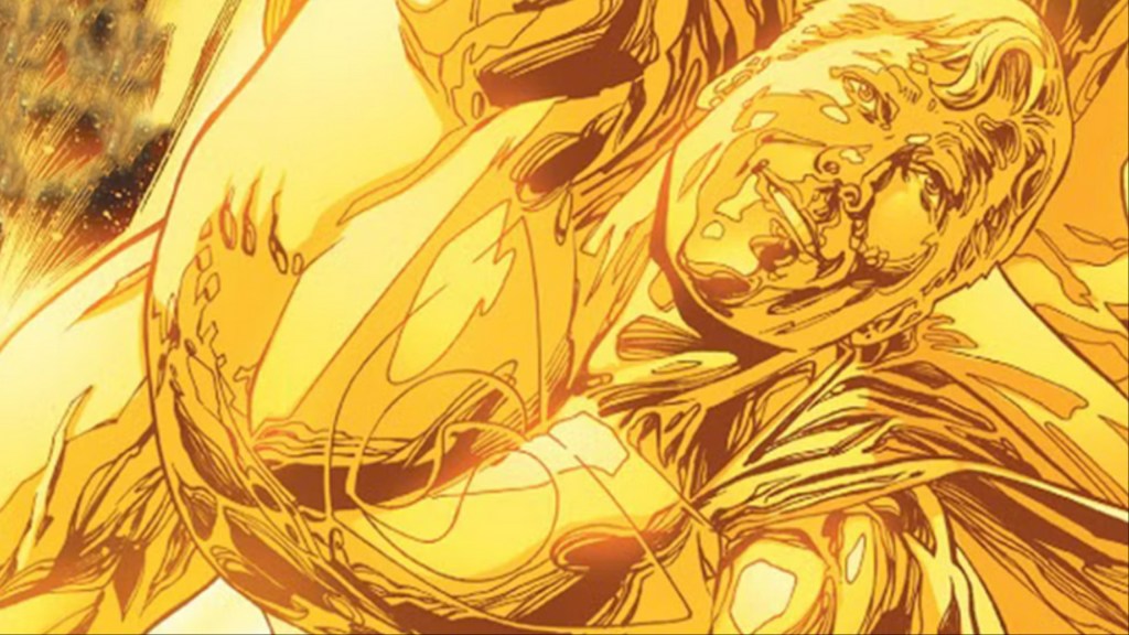 Golden Superman flying out of the Solar Fortress of Solidture in Justice League/Legion of Superheroes