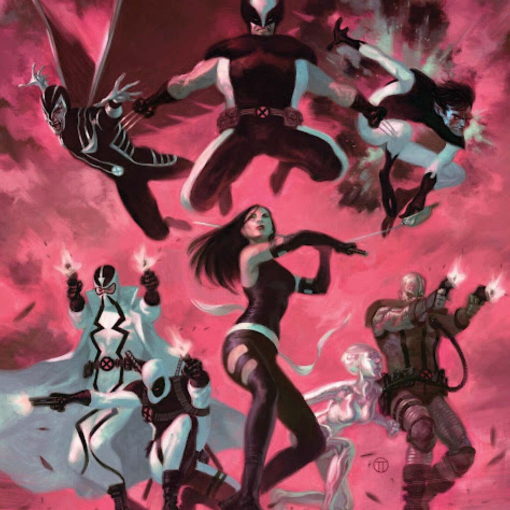 Fantomex, Deadpool, Psylocke, Deathlok, AoA Nightcrawler, Wolverine, and Archangel jumping into battle together