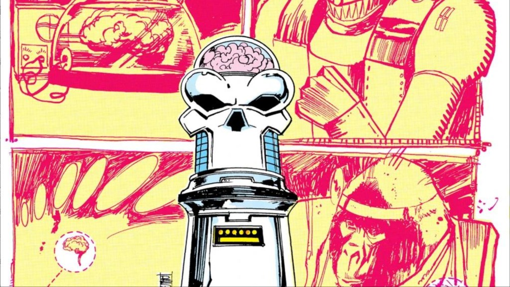 The Brain in his skull-shaped storage unit in front of pictures from his life, including him in human form driving a robot, Monsieur Mallah, and him in a nutrient jar and using technology