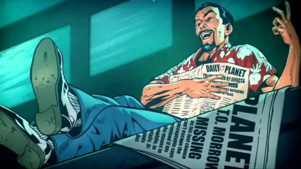 T.O. Morrow laughing as he reads the Daily Planet