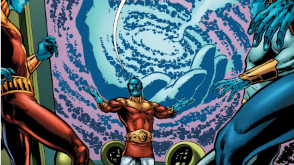 Brainiac in front of the Hand that created the universe in the DC Multiverse