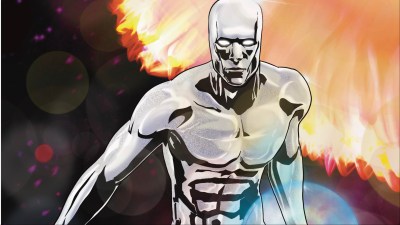 Silver Surfer flying through space with a star behind him