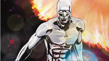 Silver Surfer flying through space with a star behind him
