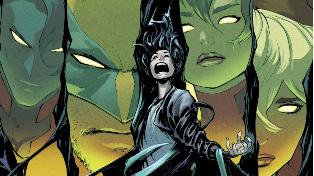 Deathdream yelling in front of busts of Nightcrawler, Wolverine, Jubilee, and Rogue