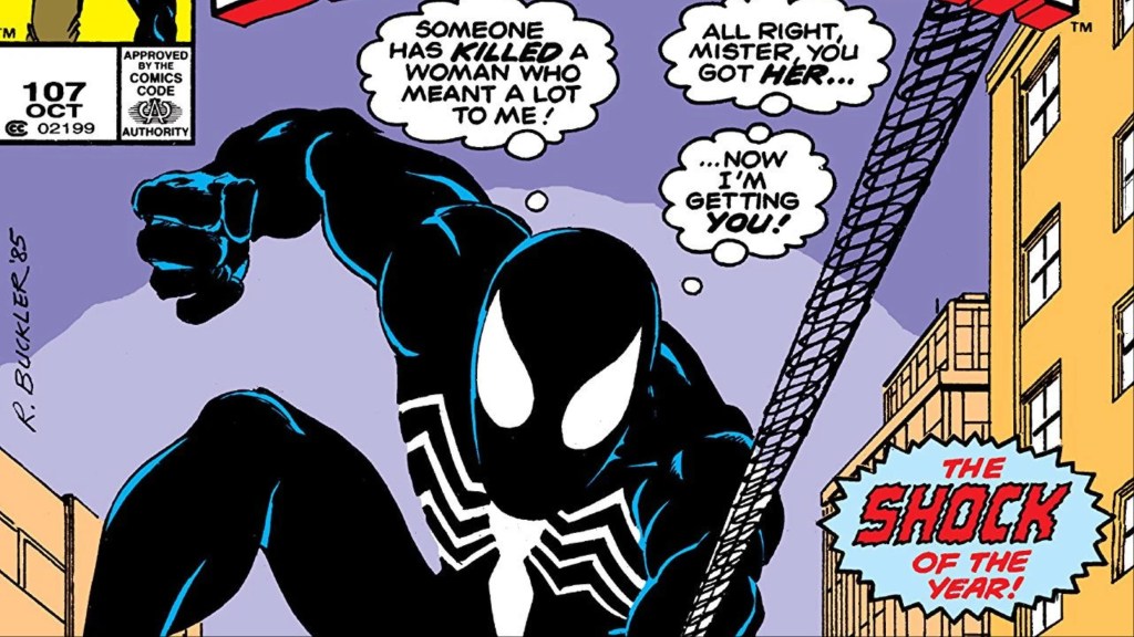 Spider-Man swinging in, thinking about the killer of Jean DeWolfe