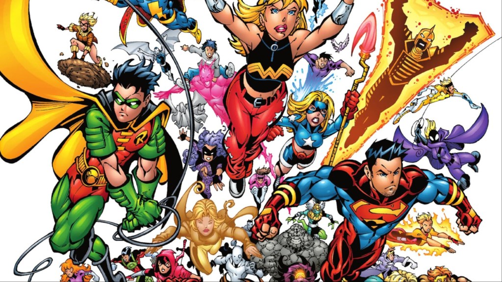 Tim Drake, Wonder Girl, and Superboy leading the teen heroes of the DC Universe into battle