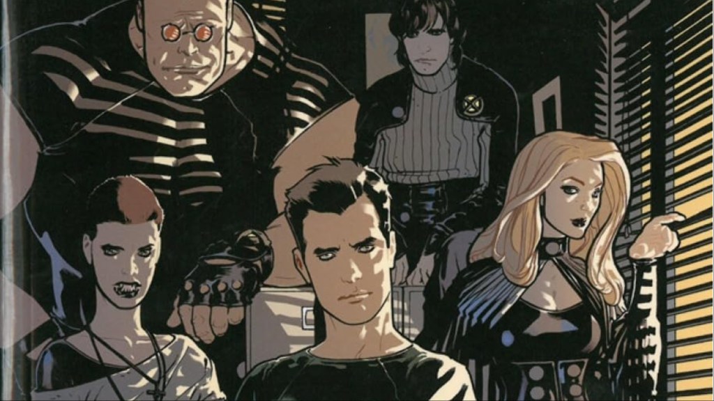 Wolfsbane, Madrox, Siryn, Rictor, and Strong Guy standing together in an office 