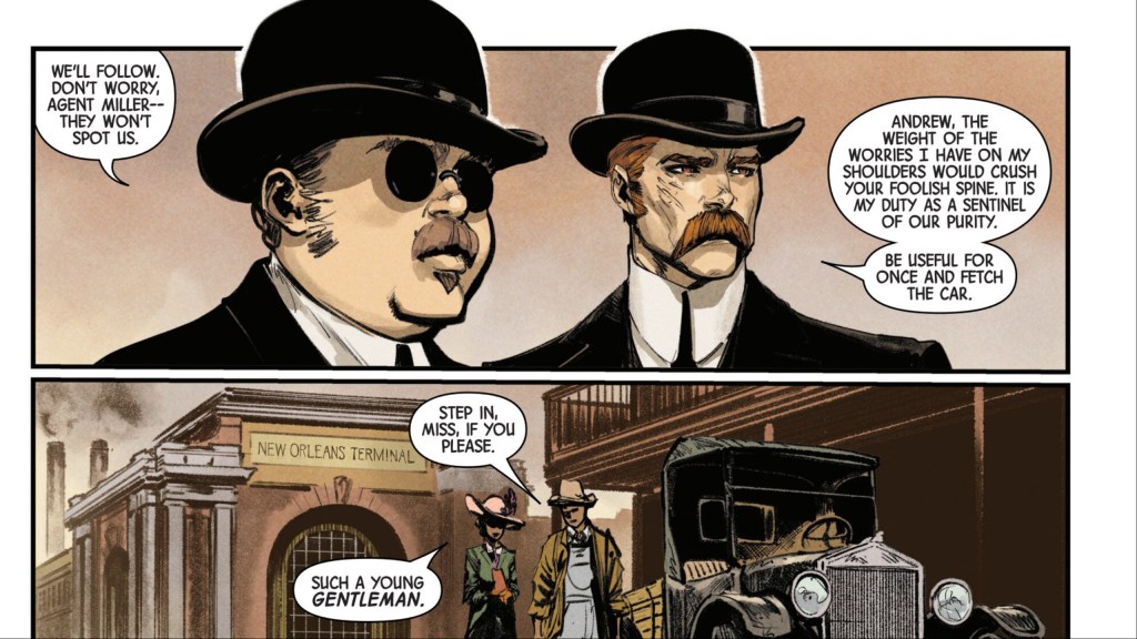 Agent Miller and Andrew watching Lady Henrietta Benjamin and George in Uncanny X-Men #14
