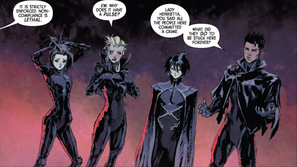 Jitter, Calico, Deathdream, and Ransom standing together in Uncanny X-Men #15