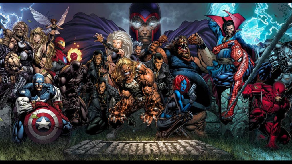 Magneto behind the heroes and villains of the original Ultimate Marvel Universe