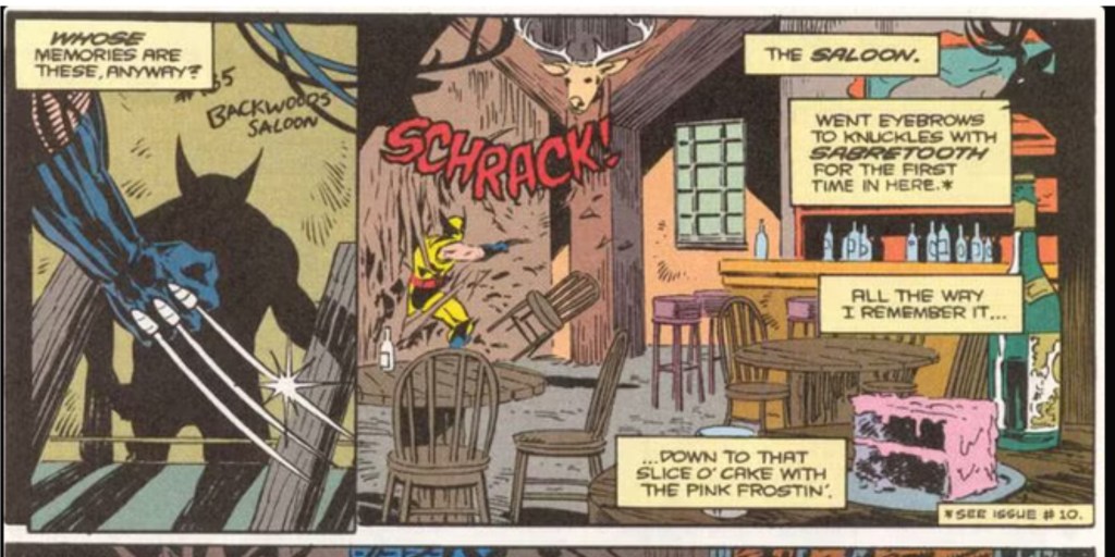 Wolverine breaking through a wall into a saloon from his past
