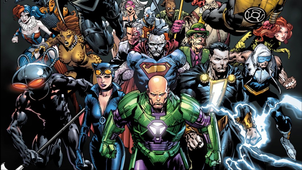 The villains of the DC Universe walking forward led by Lex Luthor