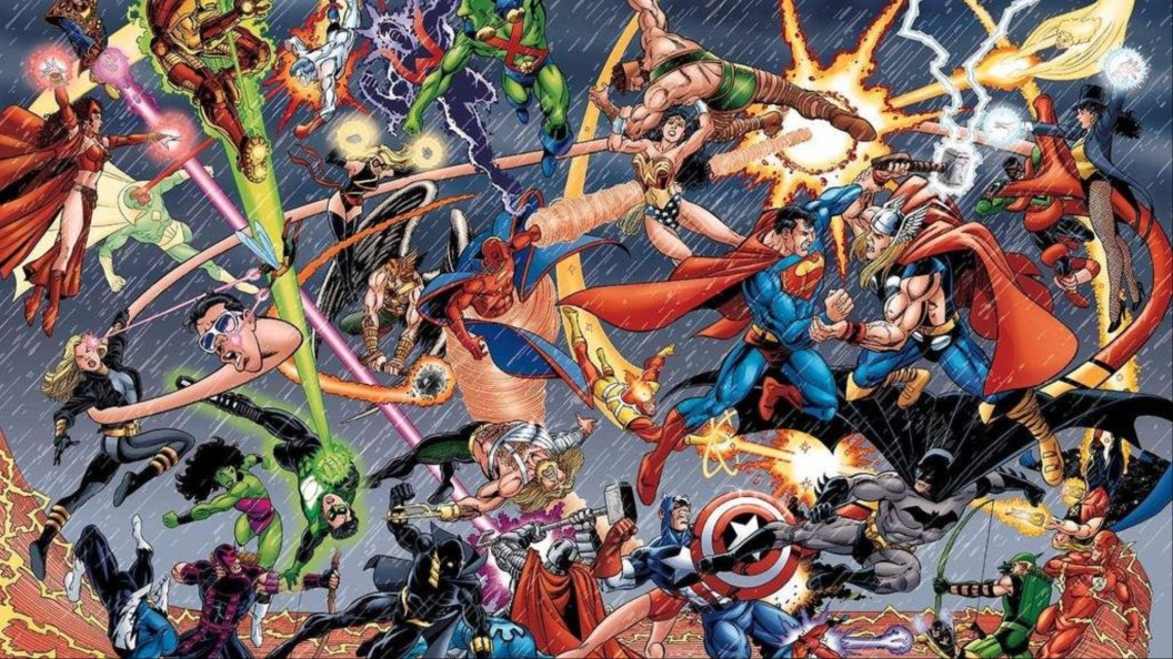 The Avengers and JLA battling it out in the rain