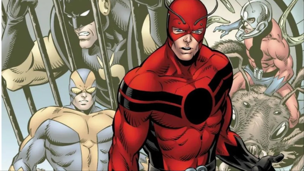 Hank Pym standing in front of scenes of himself as Ant-Man, Giant-Man, and Yellowjacket
