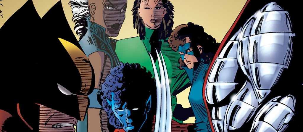 Wolverine, Storm, Rogue, Kitty Pryde, Nightcrawler, and Colossus standing together 