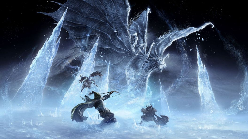 Players fighting the dragon Nightlord Caligo, Miasma of the Night, in Elden Ring Nightreign
