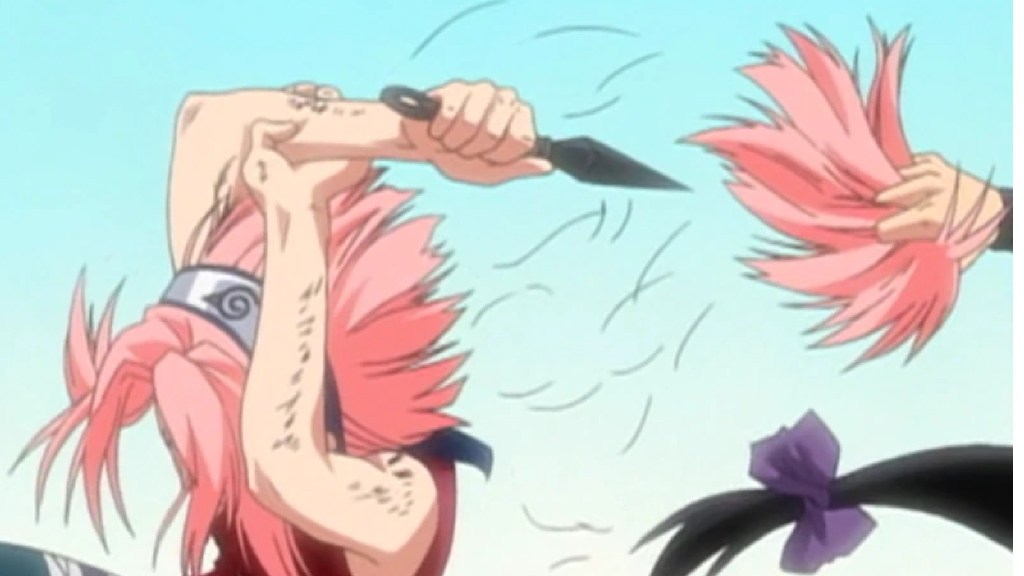 Sakura cuts her hair using Kunai