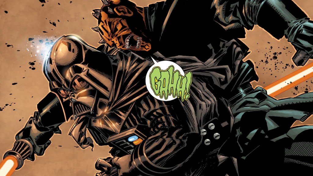 Darth Vader fighting a resurrected Darth Maul