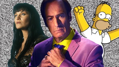 Xena, Saul Goodman and Homer Simpson against a white noise background