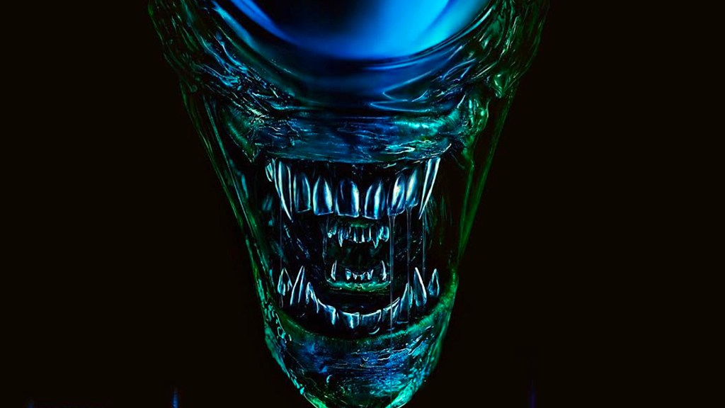 Closeup of blue and green xenomorph on Alien: Earth poster