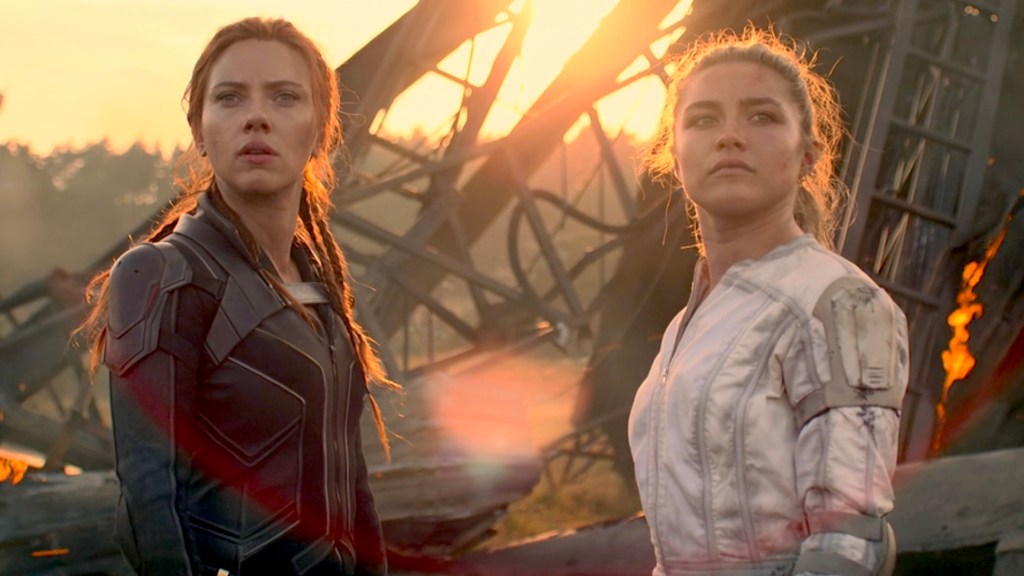 Scarlett Johansson as Natasha Romanoff and Florence Pugh as Yelena Belova in Black Widow
