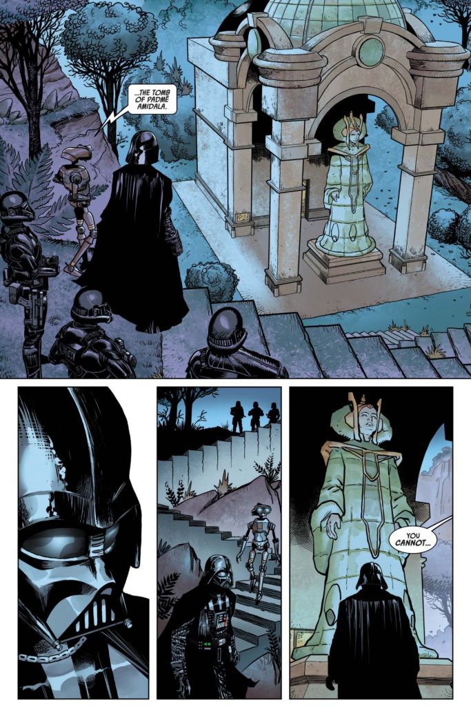 Darth Vader and Padme's handmaidens at Padme's tomb form Darth Vader (2020) by Greg Pak