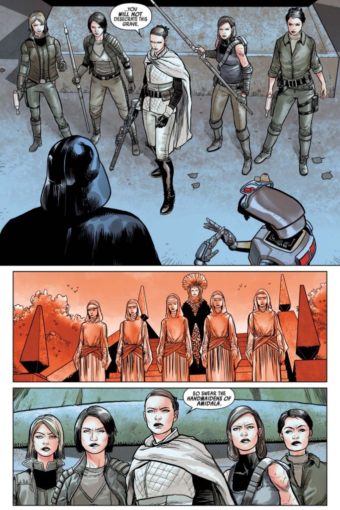 Darth Vader and Padme's handmaidens at Padme's tomb form Darth Vader (2020) by Greg Pak
