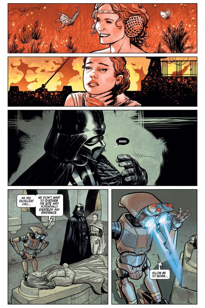 Darth Vader and Padme's handmaidens  at Padme's tomb form Darth Vader (2020) by Greg Pak
